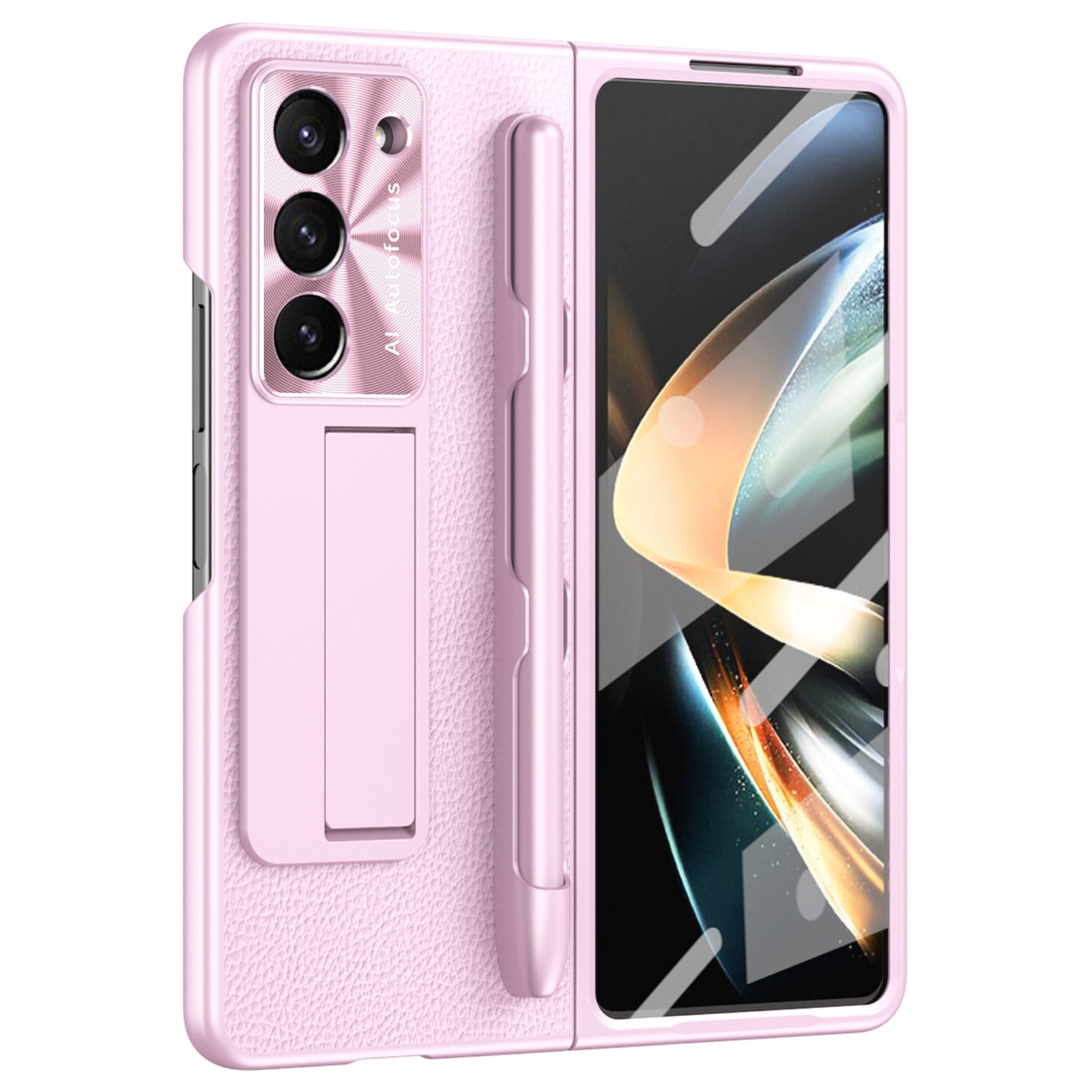 For Samsung Galaxy Z Fold6 5G Case Kickstand Leather+PC Hard Phone Cover with Screen Film and Stylus - Pink
