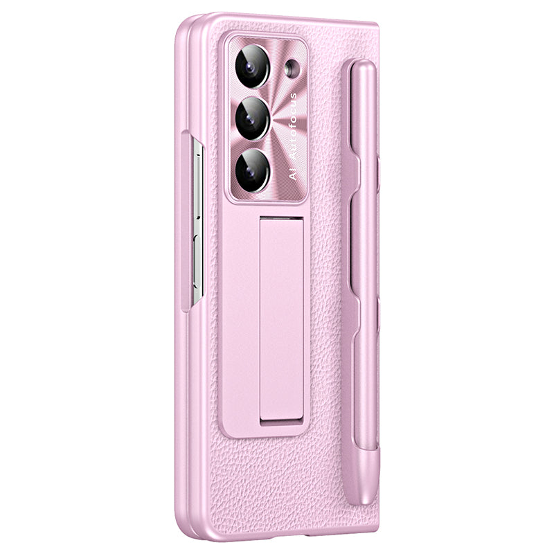 For Samsung Galaxy Z Fold6 5G Case Kickstand Leather+PC Hard Phone Cover with Screen Film and Stylus - Pink
