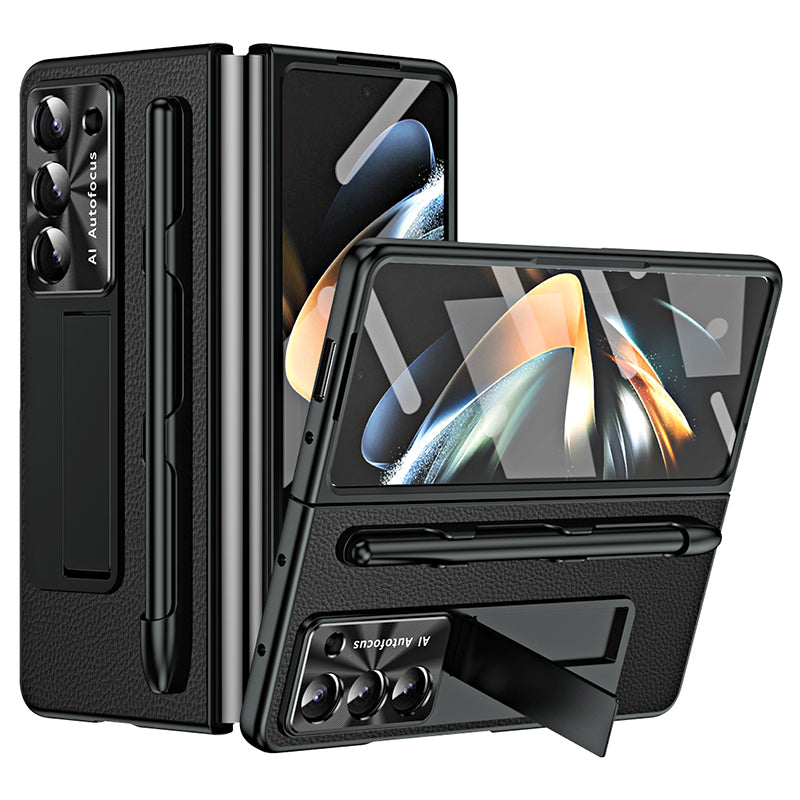 For Samsung Galaxy Z Fold6 5G Case Kickstand Leather+PC Hard Phone Cover with Screen Film and Stylus - Black