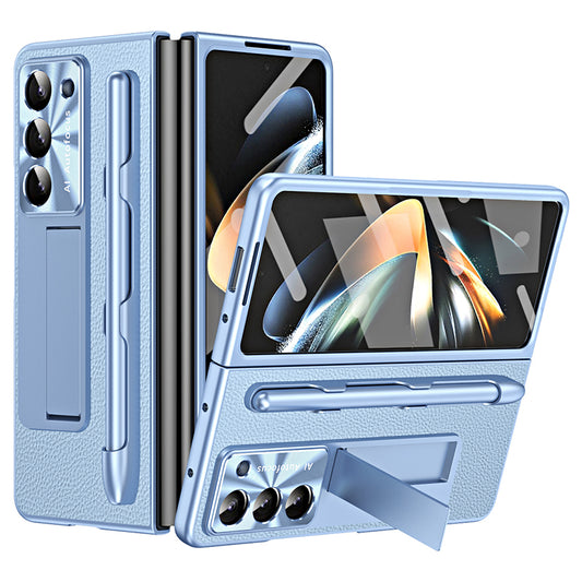 For Samsung Galaxy Z Fold6 5G Case Kickstand Leather+PC Hard Phone Cover with Screen Film and Stylus - Blue
