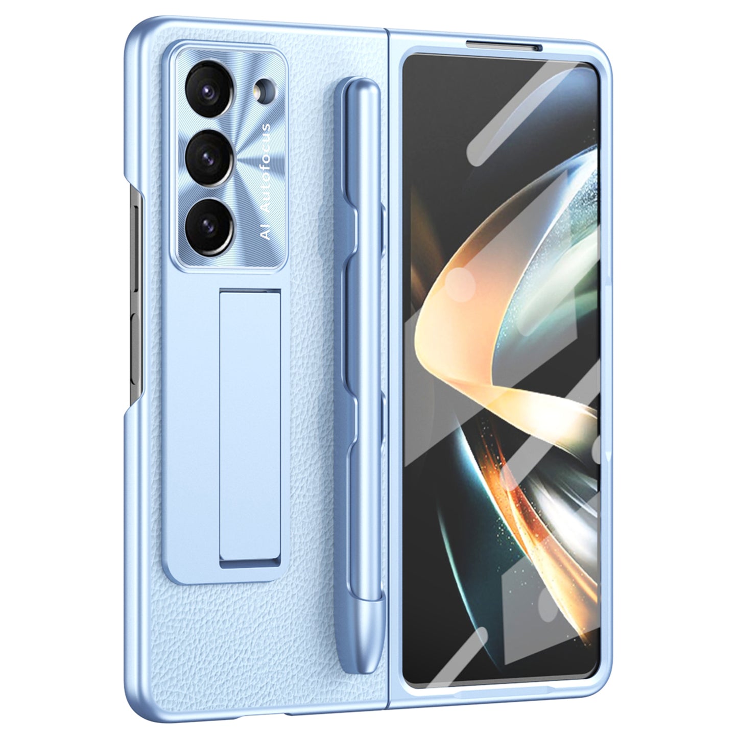 For Samsung Galaxy Z Fold6 5G Case Kickstand Leather+PC Hard Phone Cover with Screen Film and Stylus - Blue