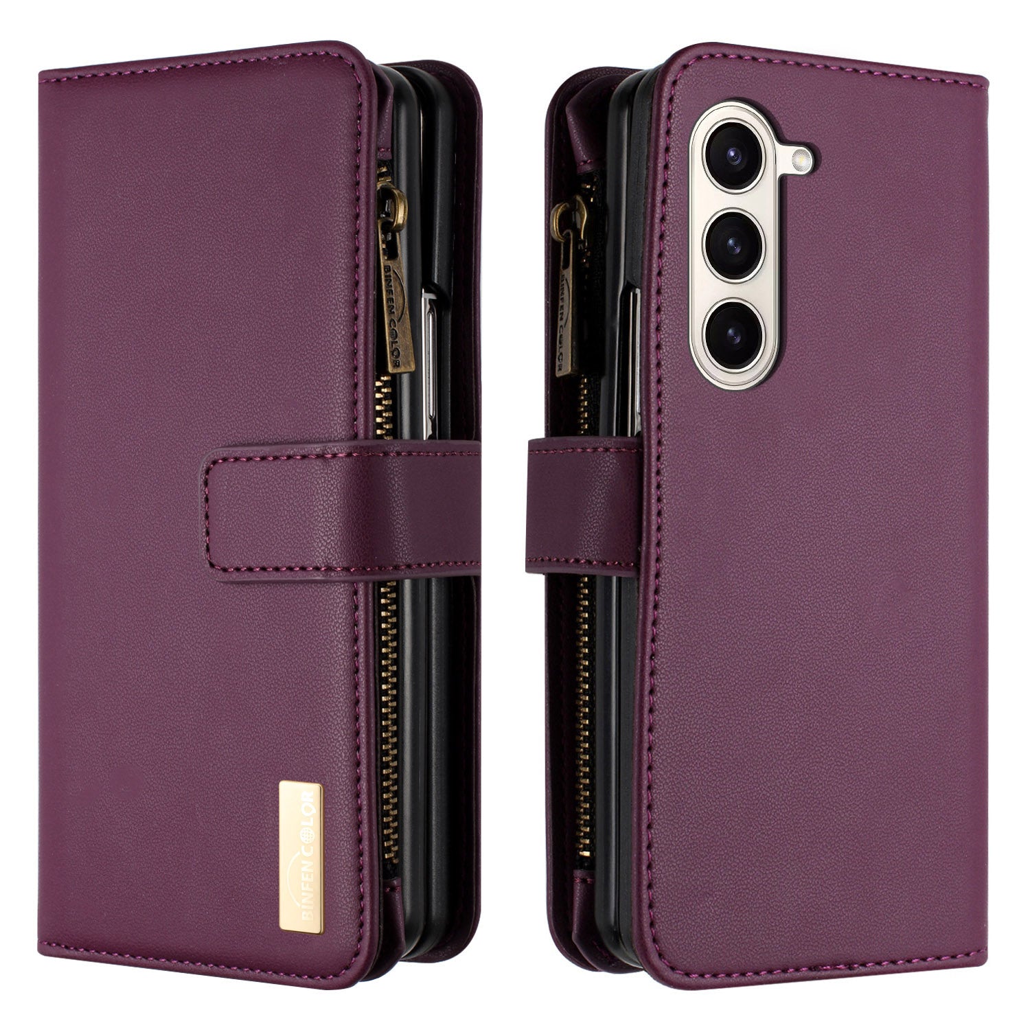 BINFEN COLOR For Samsung Galaxy Z Fold6 5G Case Zipper PU Leather Wallet Phone Cover - Dark Purple