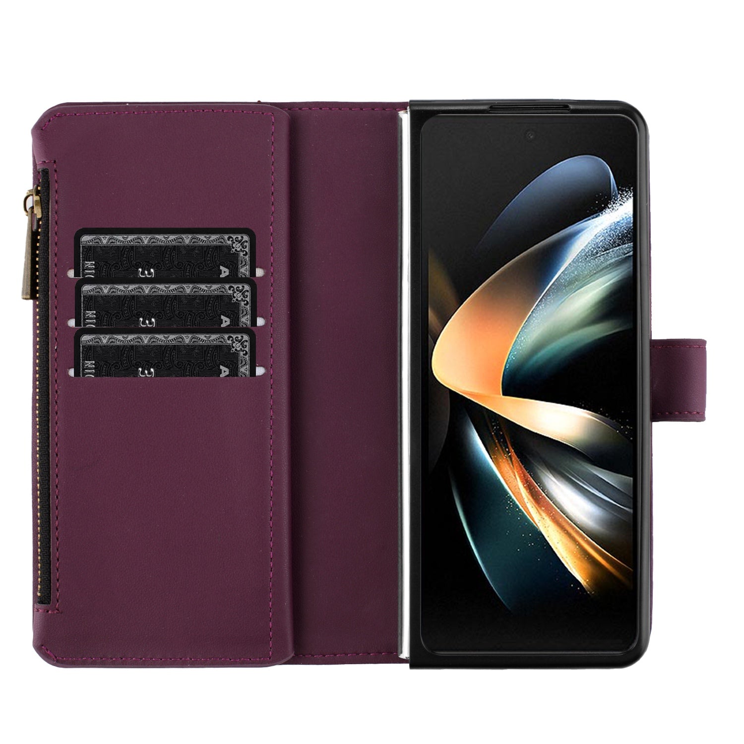 BINFEN COLOR For Samsung Galaxy Z Fold6 5G Case Zipper PU Leather Wallet Phone Cover - Dark Purple