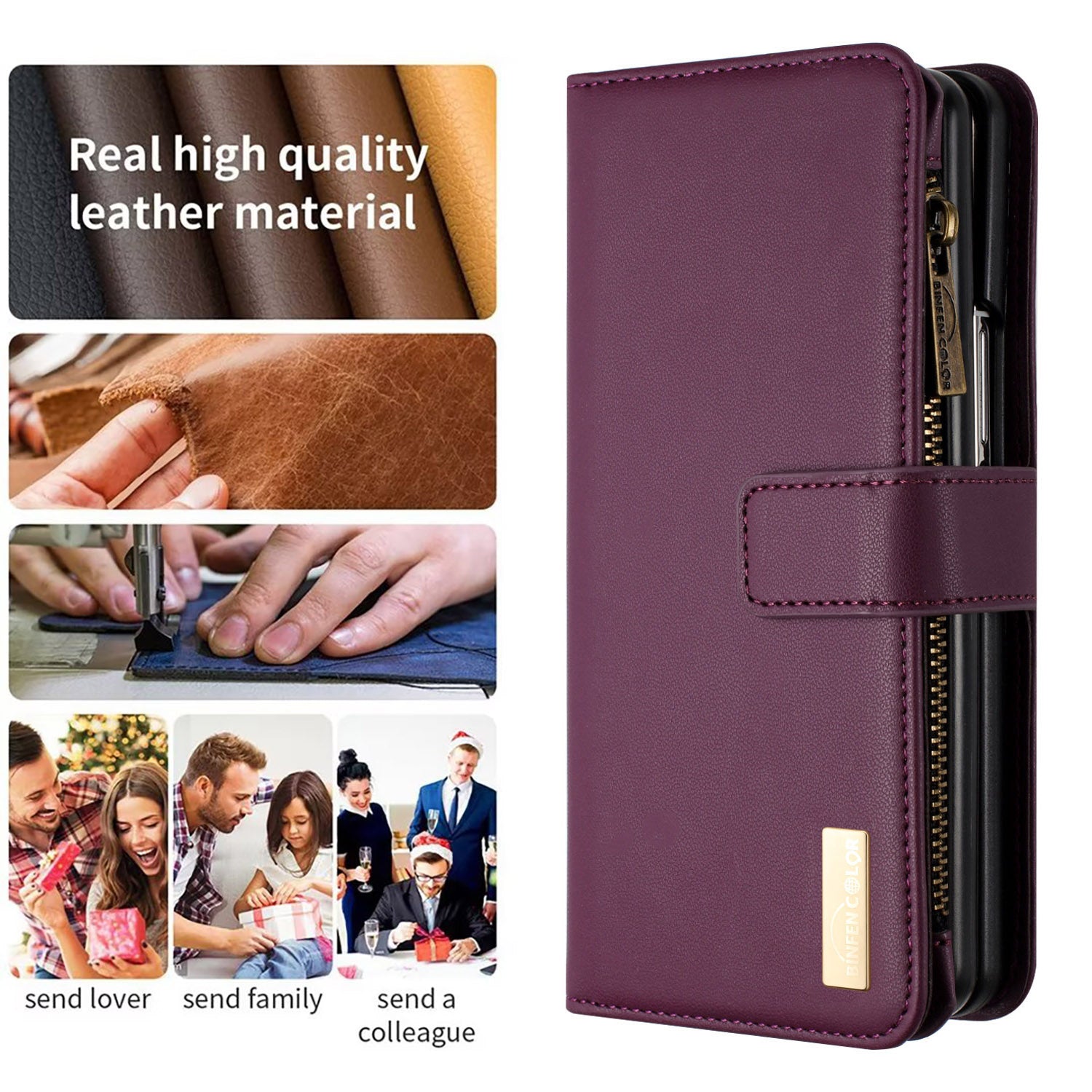 BINFEN COLOR For Samsung Galaxy Z Fold6 5G Case Zipper PU Leather Wallet Phone Cover - Dark Purple
