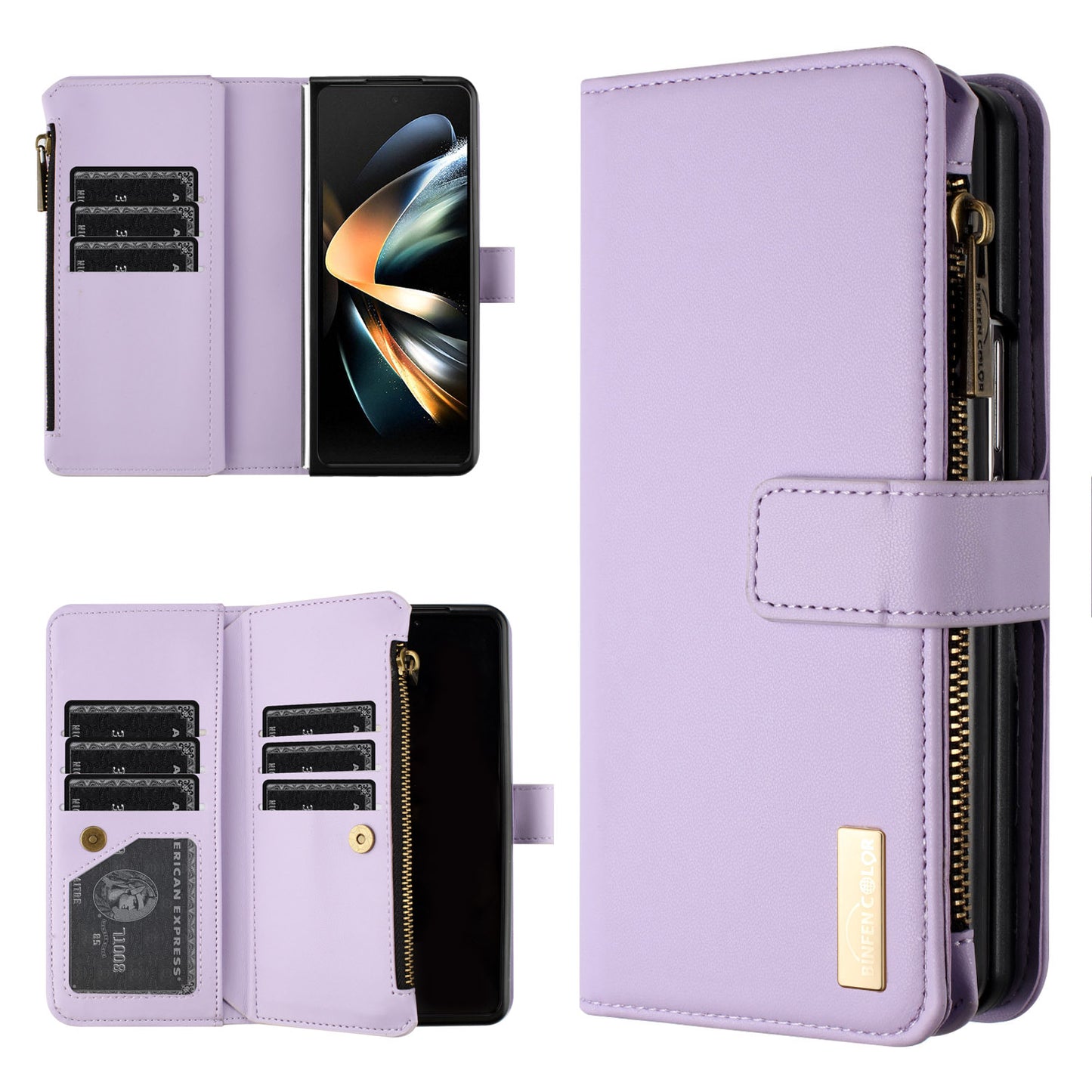 BINFEN COLOR For Samsung Galaxy Z Fold6 5G Case Zipper PU Leather Wallet Phone Cover - Purple