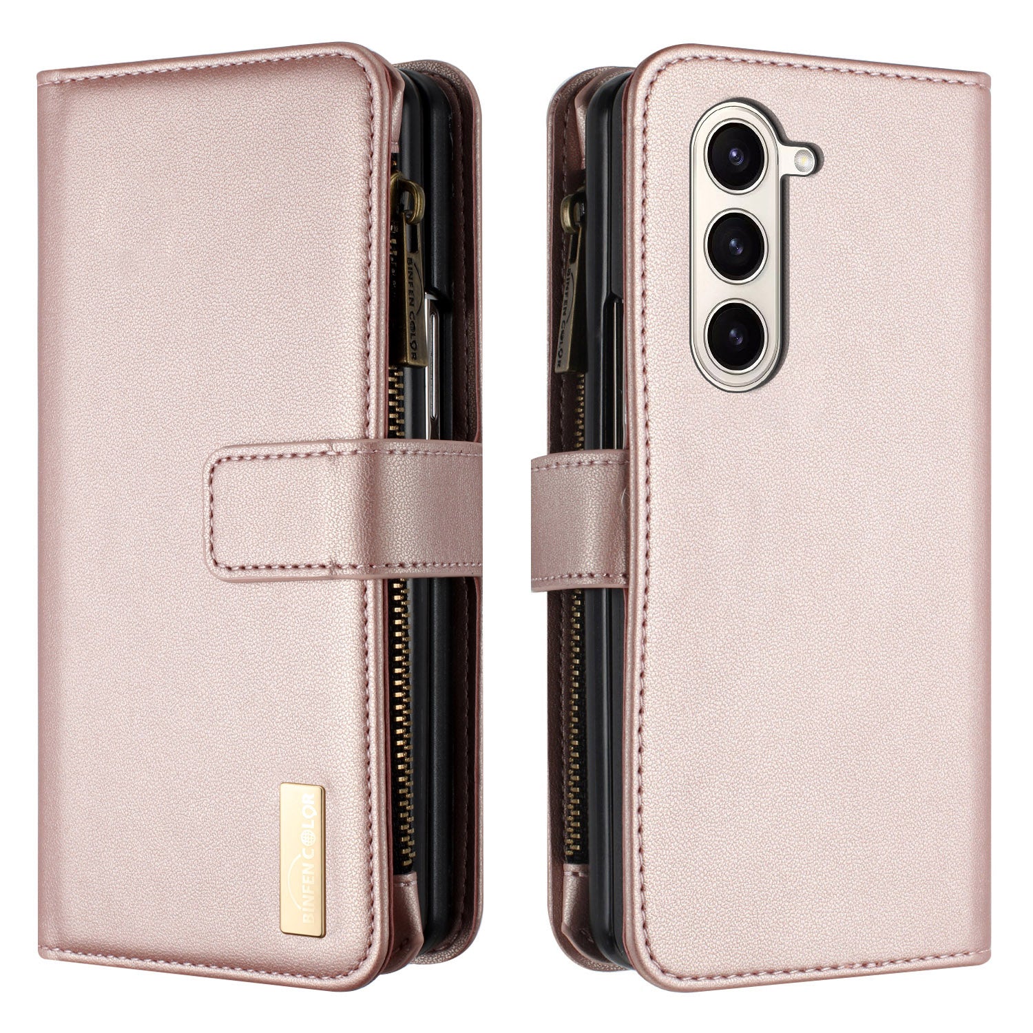 BINFEN COLOR For Samsung Galaxy Z Fold6 5G Case Zipper PU Leather Wallet Phone Cover - Gold