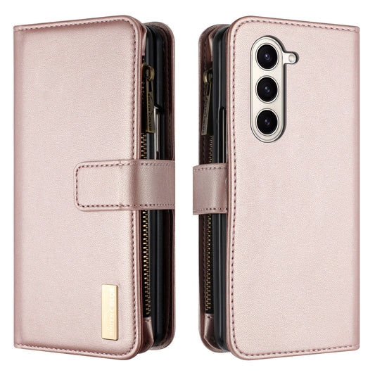 BINFEN COLOR For Samsung Galaxy Z Fold6 5G Case Zipper PU Leather Wallet Phone Cover - Gold