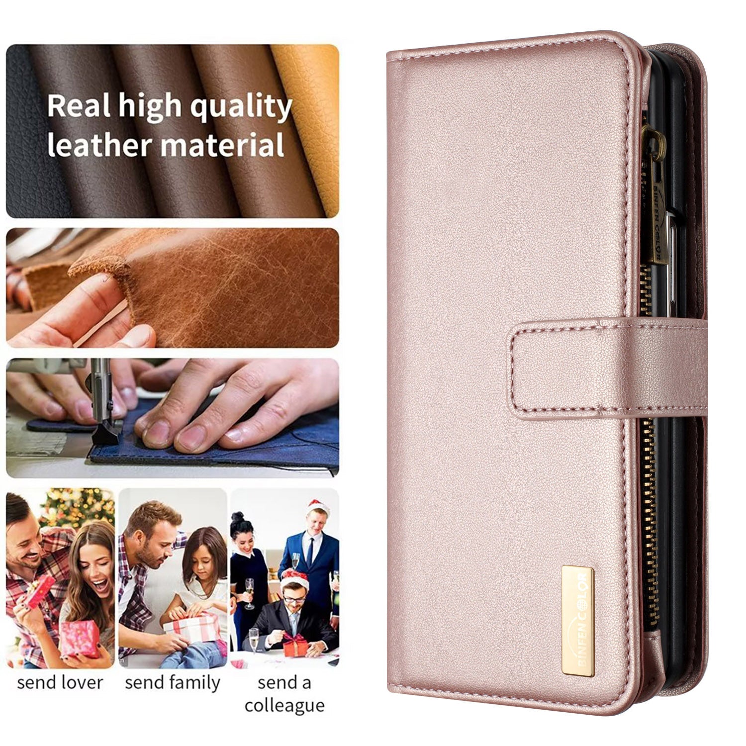 BINFEN COLOR For Samsung Galaxy Z Fold6 5G Case Zipper PU Leather Wallet Phone Cover - Gold