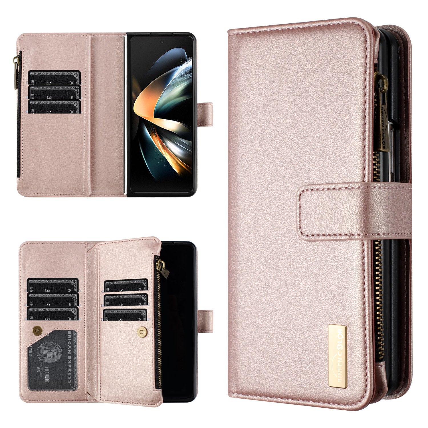 BINFEN COLOR For Samsung Galaxy Z Fold6 5G Case Zipper PU Leather Wallet Phone Cover - Gold
