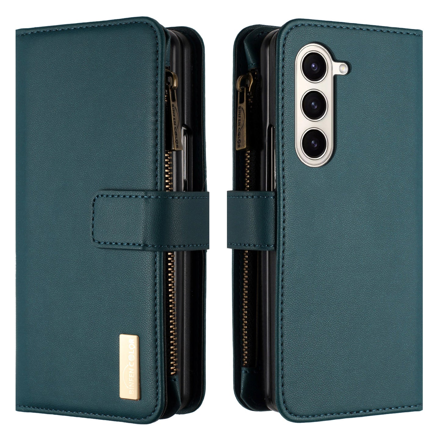 BINFEN COLOR For Samsung Galaxy Z Fold6 5G Case Zipper PU Leather Wallet Phone Cover - Green