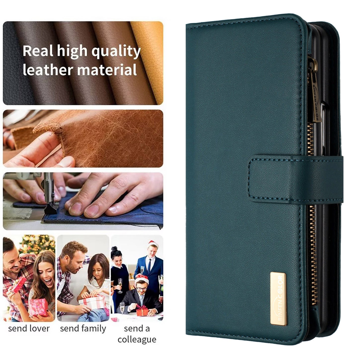 BINFEN COLOR For Samsung Galaxy Z Fold6 5G Case Zipper PU Leather Wallet Phone Cover - Green