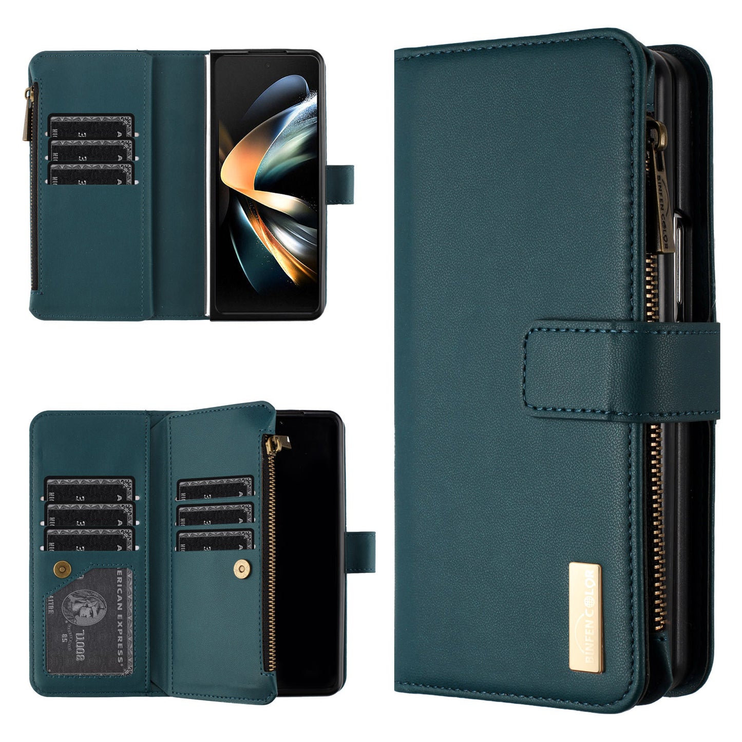 BINFEN COLOR For Samsung Galaxy Z Fold6 5G Case Zipper PU Leather Wallet Phone Cover - Green