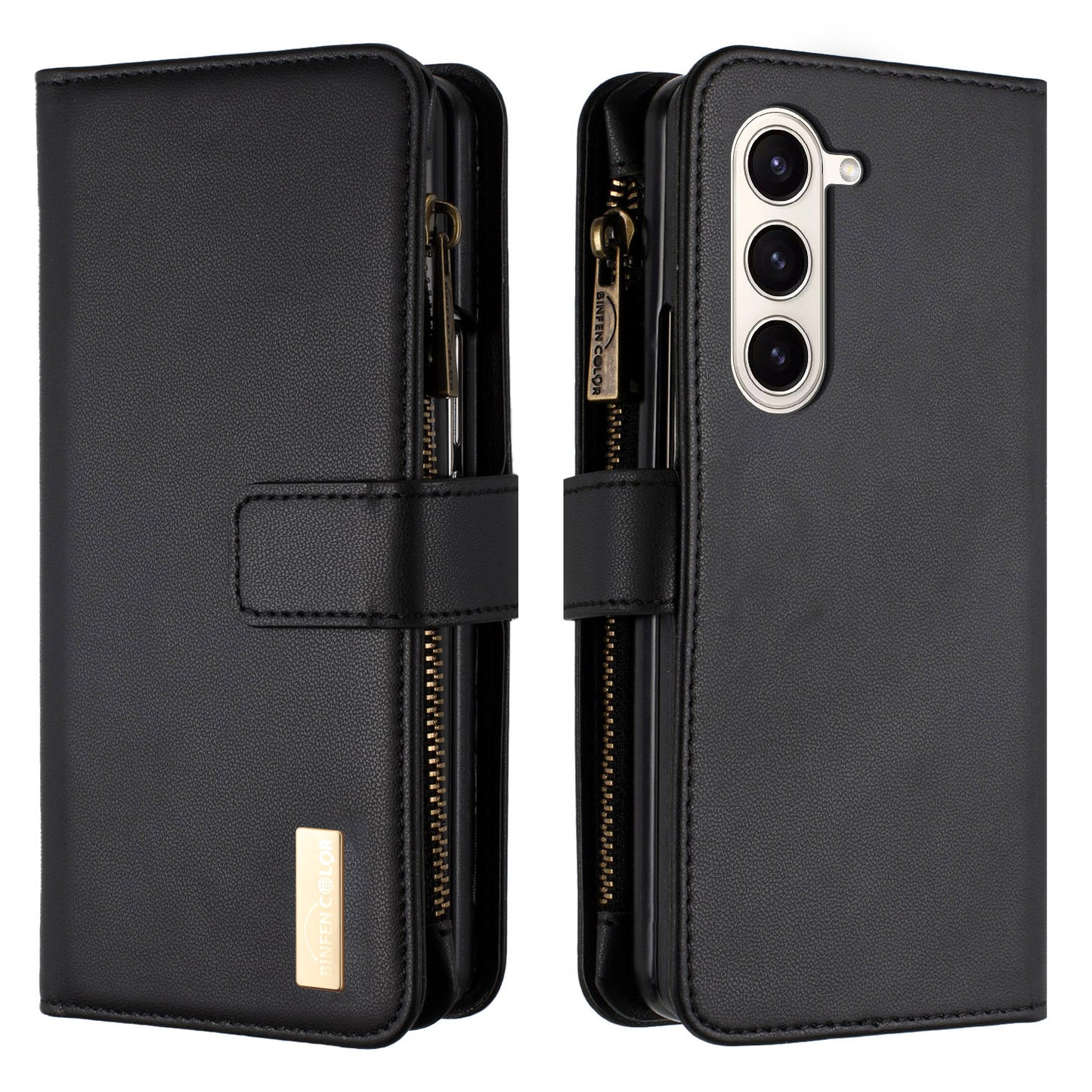 BINFEN COLOR For Samsung Galaxy Z Fold6 5G Case Zipper PU Leather Wallet Phone Cover - Black