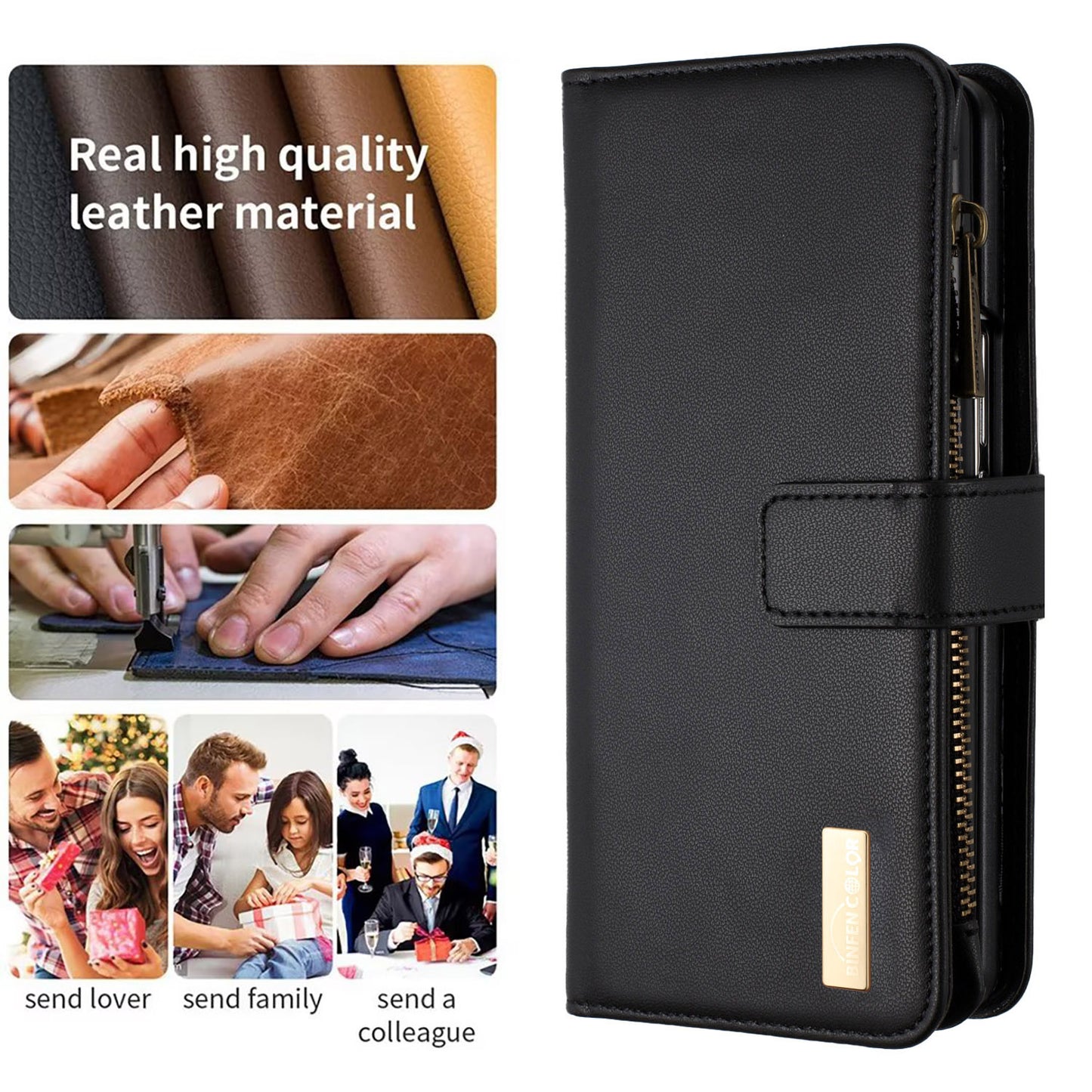 BINFEN COLOR For Samsung Galaxy Z Fold6 5G Case Zipper PU Leather Wallet Phone Cover - Black