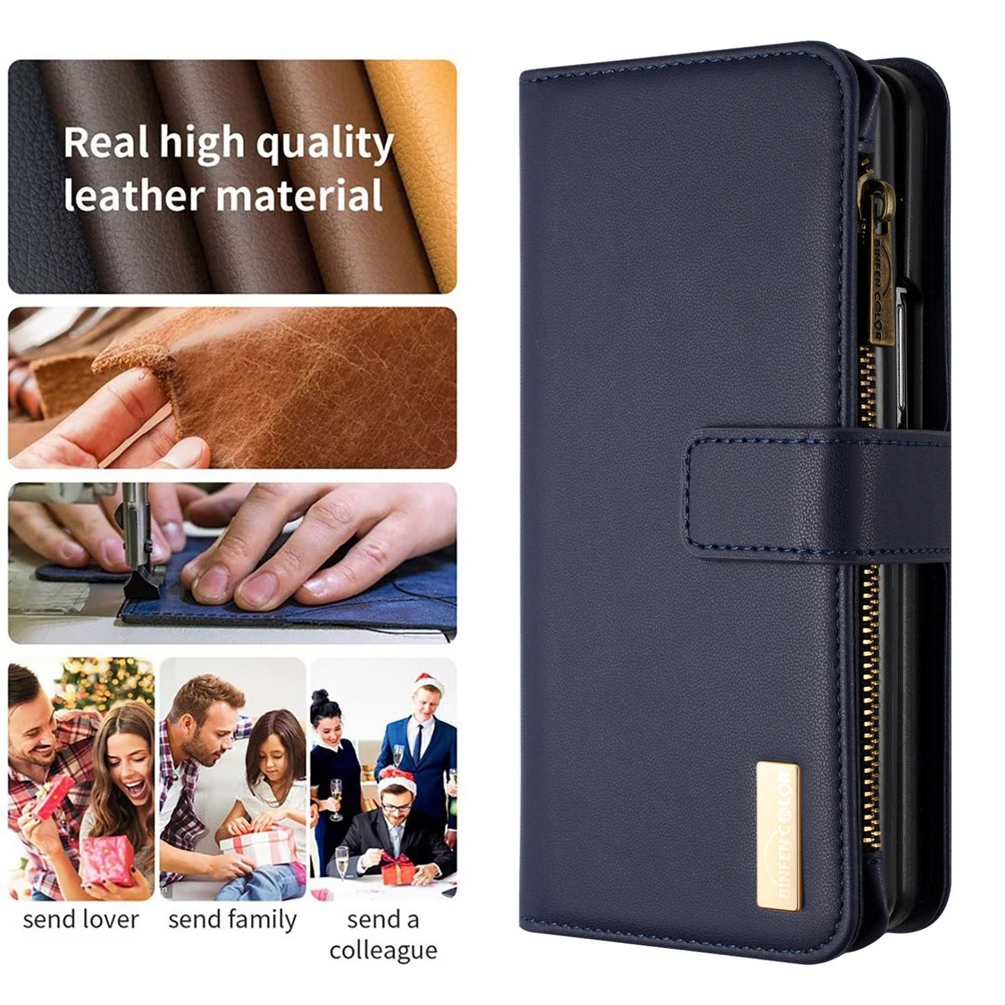 BINFEN COLOR For Samsung Galaxy Z Fold6 5G Case Zipper PU Leather Wallet Phone Cover - Blue