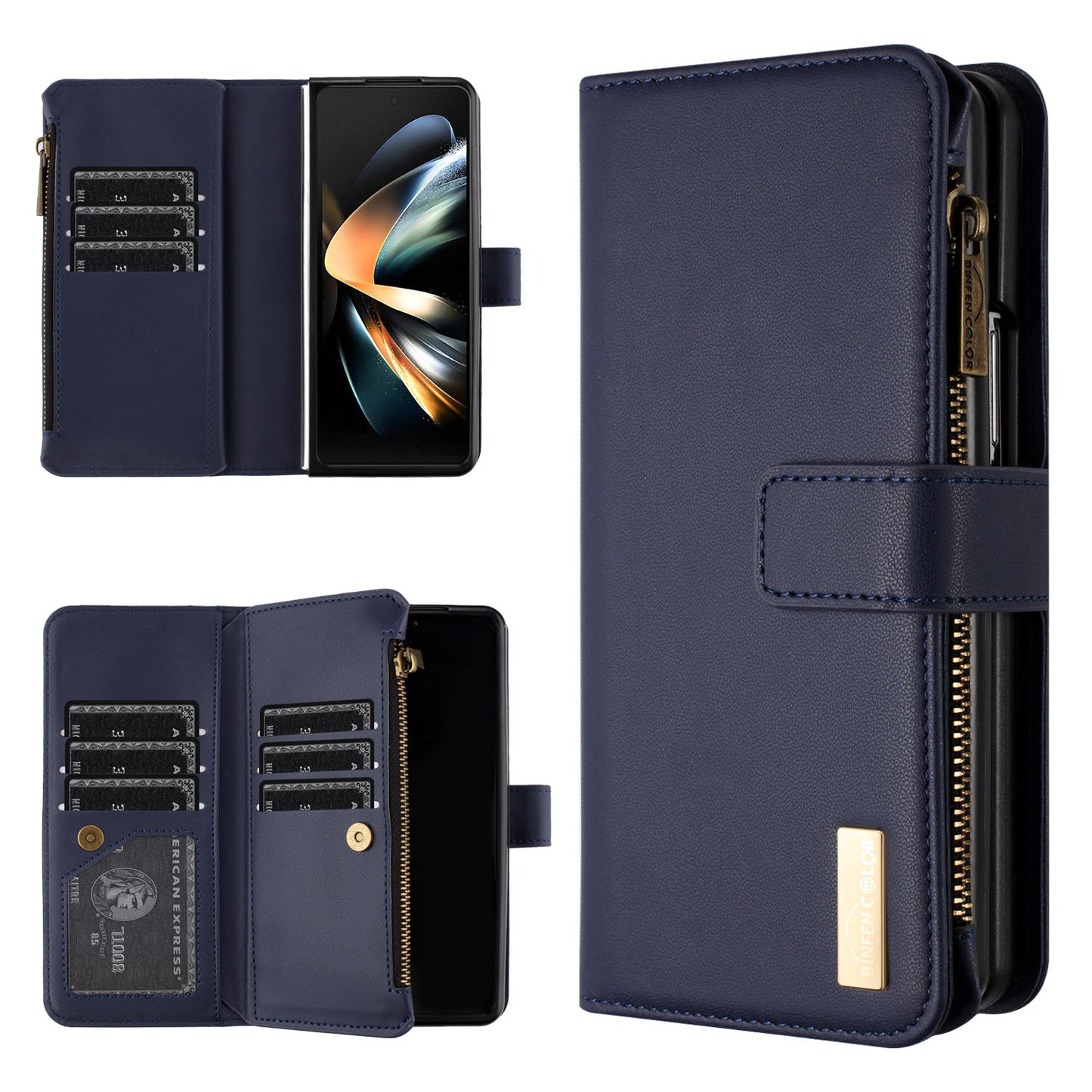 BINFEN COLOR For Samsung Galaxy Z Fold6 5G Case Zipper PU Leather Wallet Phone Cover - Blue