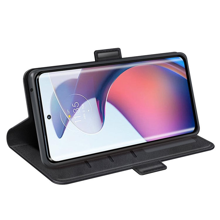 For Motorola Moto S30 Pro 5G / Edge 30 Fusion 5G Full Protection Phone Case Textured PU Leather Dual Magnetic Clasp Folio Flip Stand Wallet Cover - Black