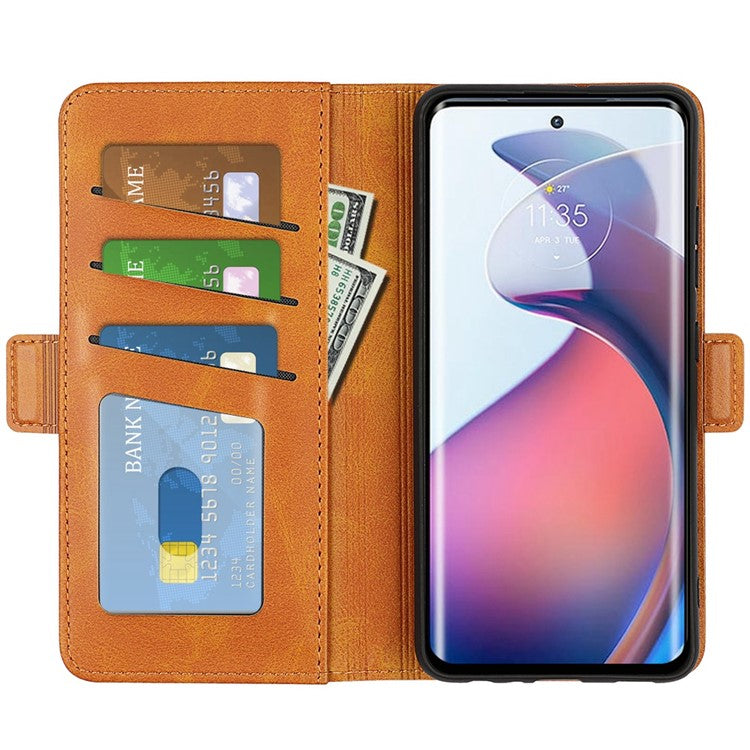 For Motorola Moto S30 Pro 5G / Edge 30 Fusion 5G Full Protection Phone Case Textured PU Leather Dual Magnetic Clasp Folio Flip Stand Wallet Cover - Yellow