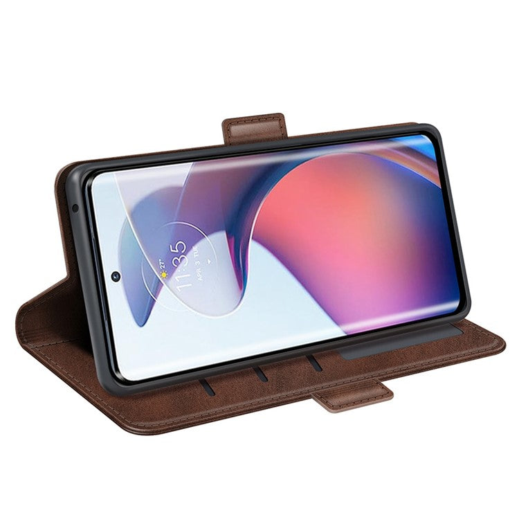 For Motorola Moto S30 Pro 5G / Edge 30 Fusion 5G Full Protection Phone Case Textured PU Leather Dual Magnetic Clasp Folio Flip Stand Wallet Cover - Brown