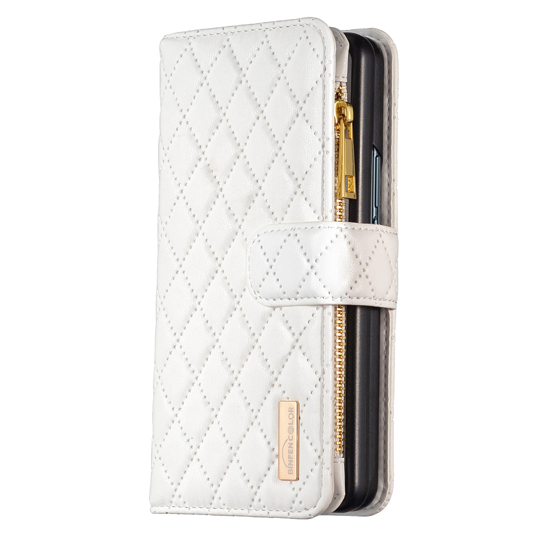 BINFEN COLOR For Samsung Galaxy Z Fold6 5G Case PU Leather Zipper Pocket Phone Cover - White