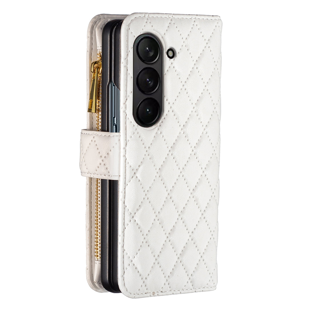 BINFEN COLOR For Samsung Galaxy Z Fold6 5G Case PU Leather Zipper Pocket Phone Cover - White