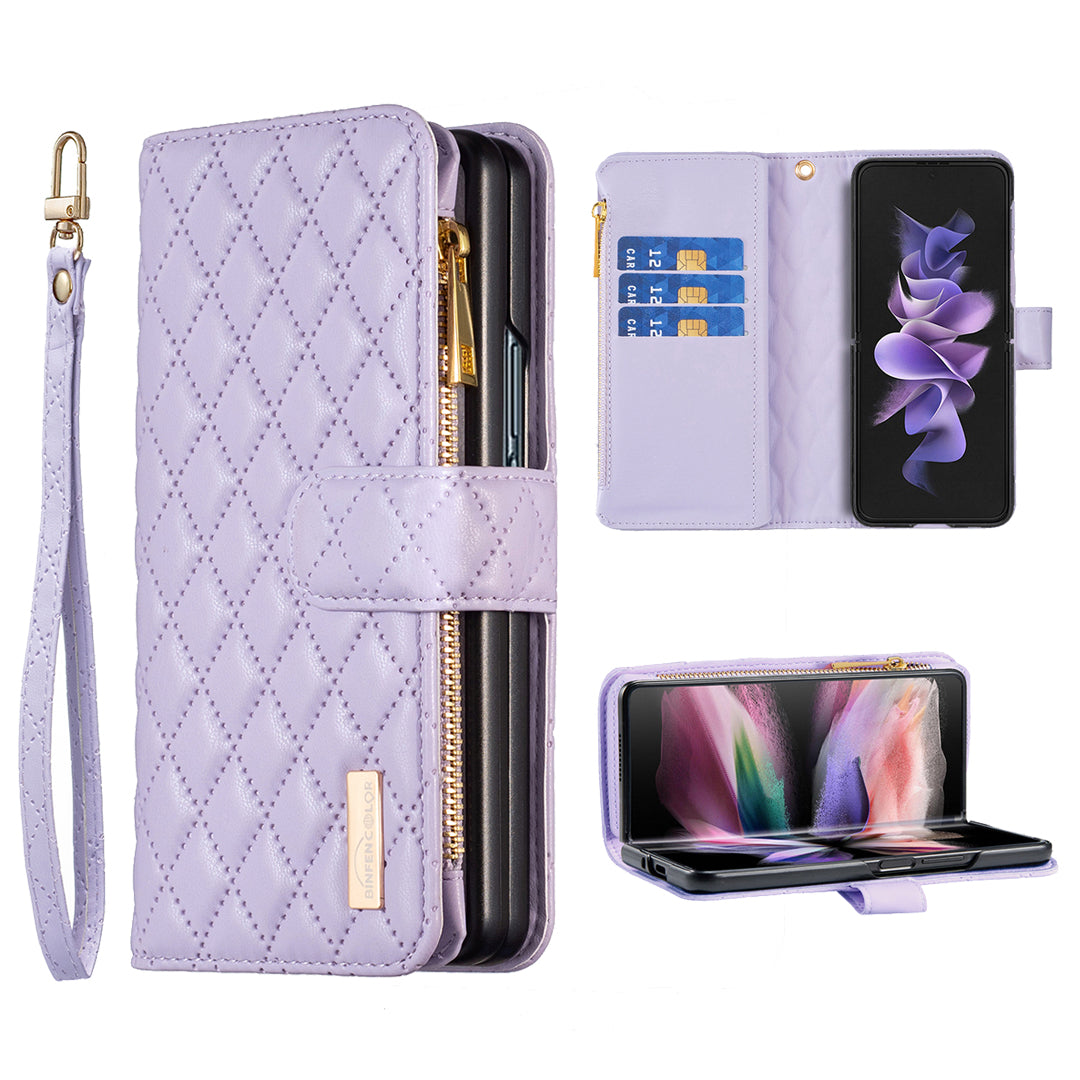 BINFEN COLOR For Samsung Galaxy Z Fold6 5G Case PU Leather Zipper Pocket Phone Cover - Purple