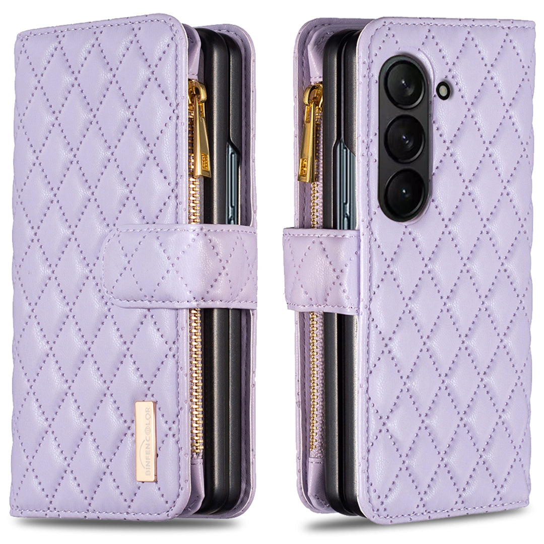 BINFEN COLOR For Samsung Galaxy Z Fold6 5G Case PU Leather Zipper Pocket Phone Cover - Purple