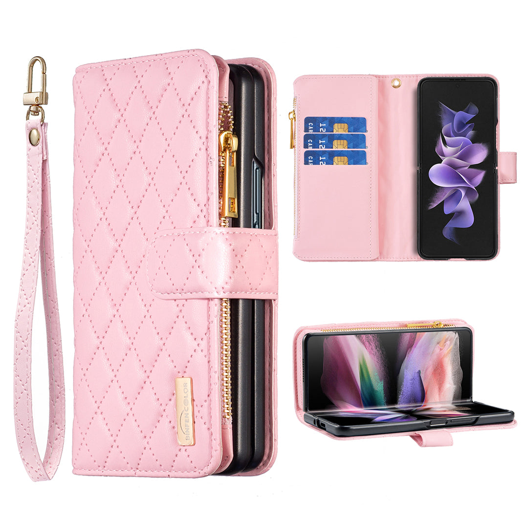 BINFEN COLOR For Samsung Galaxy Z Fold6 5G Case PU Leather Zipper Pocket Phone Cover - Pink