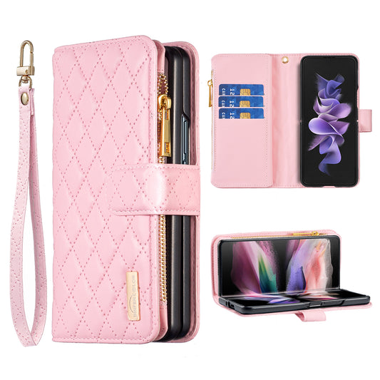 BINFEN COLOR For Samsung Galaxy Z Fold6 5G Case PU Leather Zipper Pocket Phone Cover - Pink