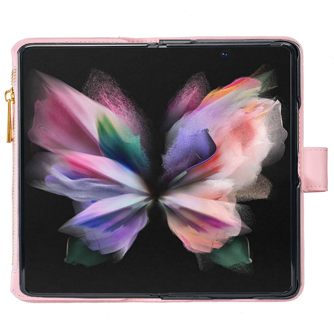 BINFEN COLOR For Samsung Galaxy Z Fold6 5G Case PU Leather Zipper Pocket Phone Cover - Pink