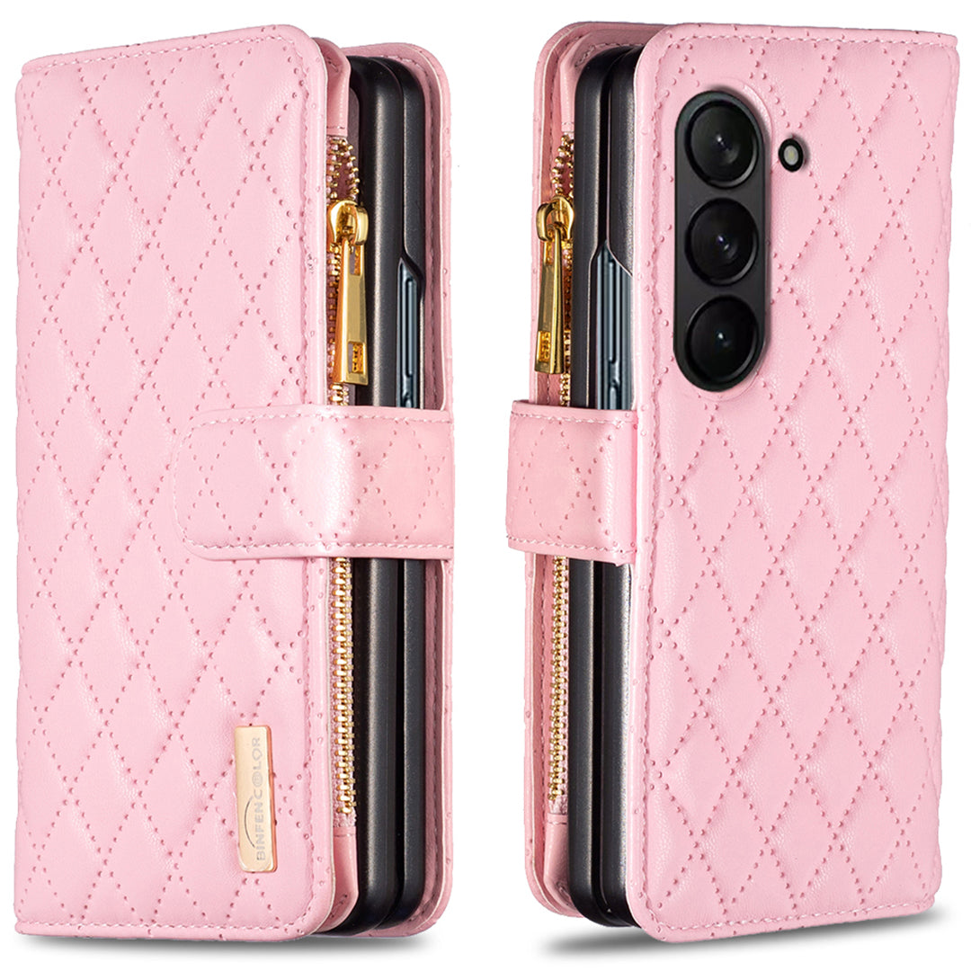 BINFEN COLOR For Samsung Galaxy Z Fold6 5G Case PU Leather Zipper Pocket Phone Cover - Pink