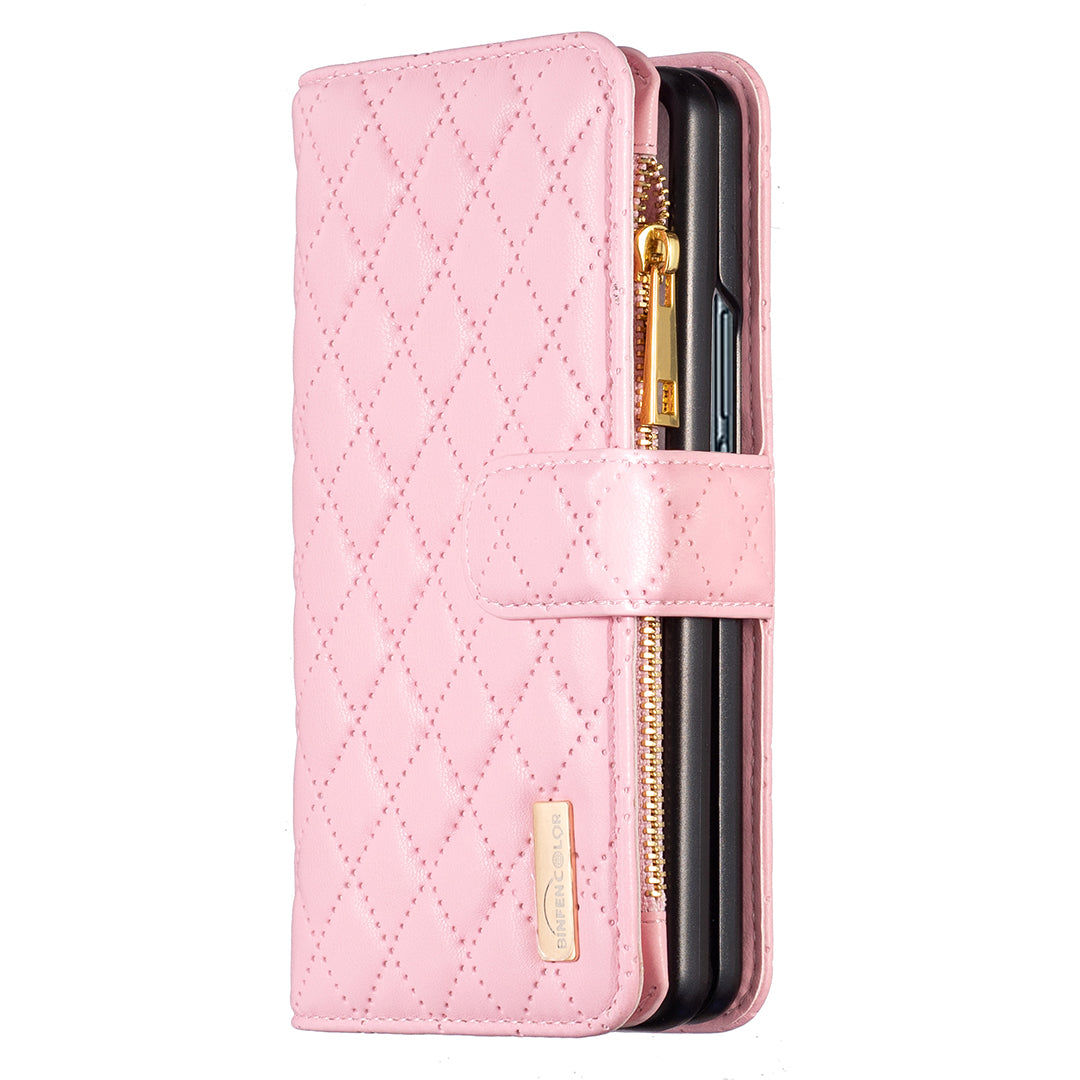 BINFEN COLOR For Samsung Galaxy Z Fold6 5G Case PU Leather Zipper Pocket Phone Cover - Pink