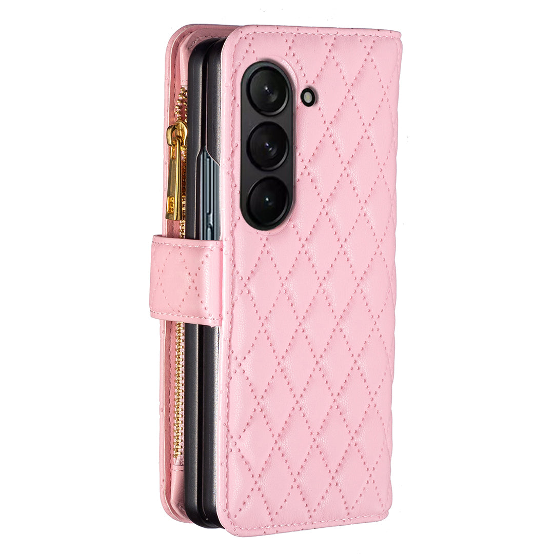 BINFEN COLOR For Samsung Galaxy Z Fold6 5G Case PU Leather Zipper Pocket Phone Cover - Pink