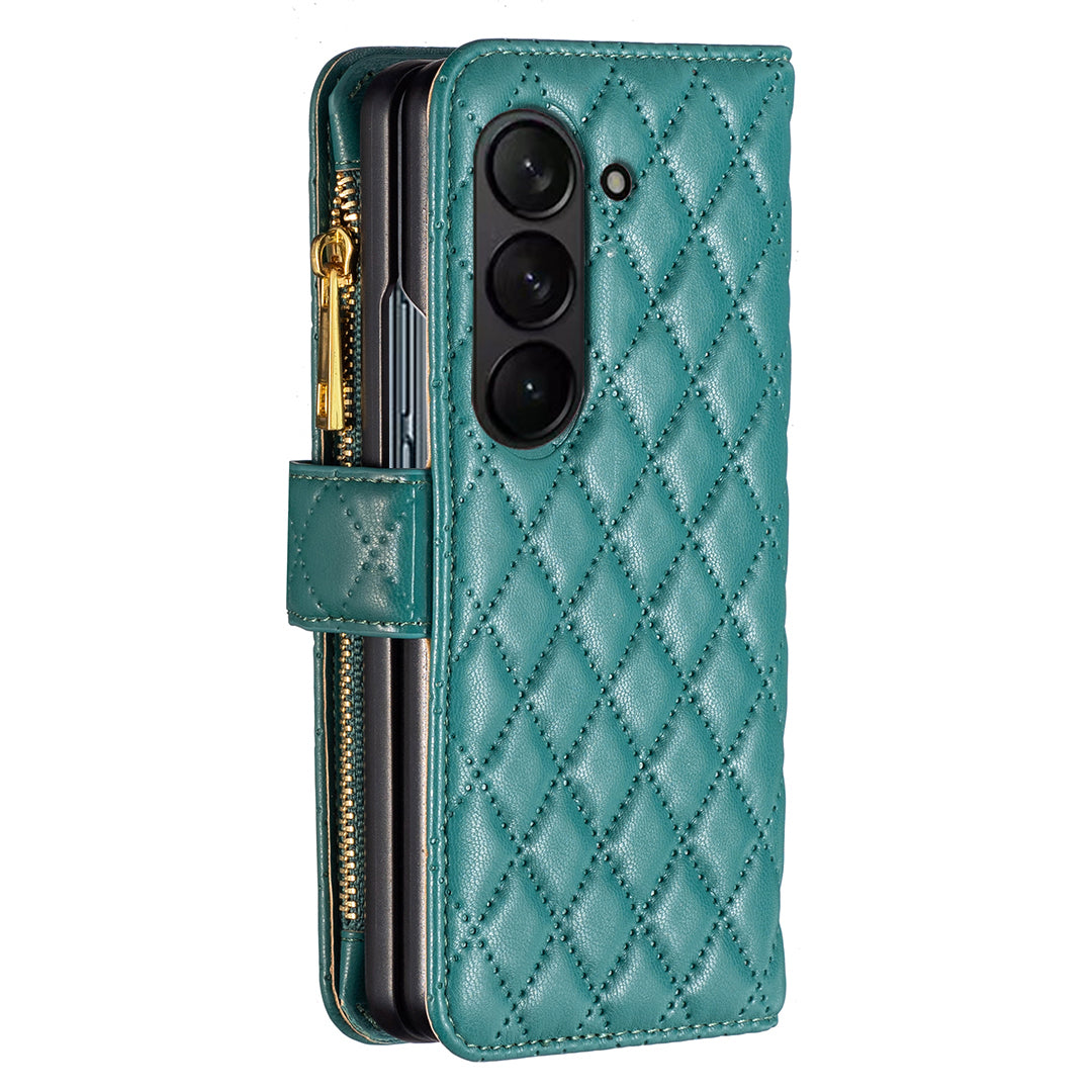 BINFEN COLOR For Samsung Galaxy Z Fold6 5G Case PU Leather Zipper Pocket Phone Cover - Green