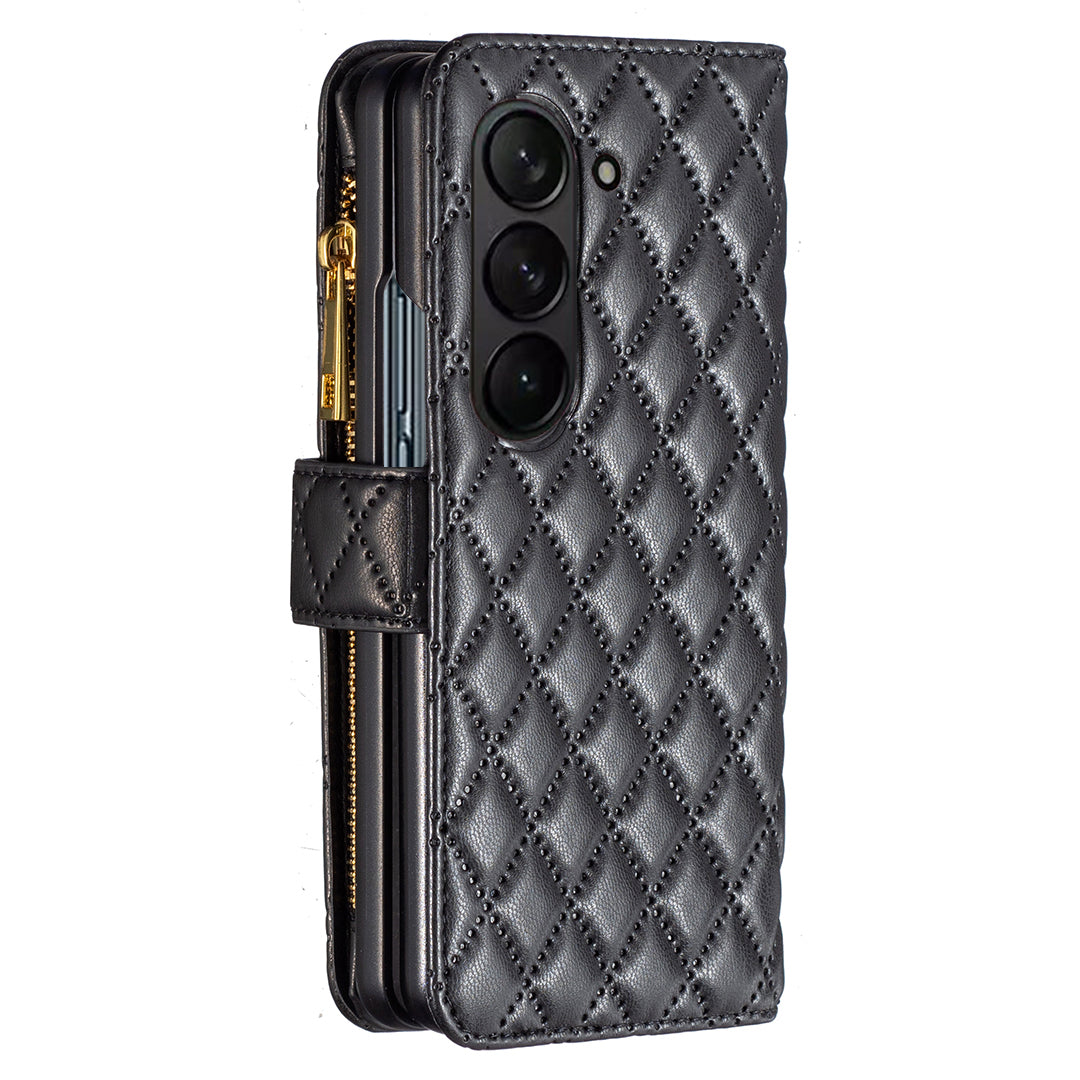 BINFEN COLOR For Samsung Galaxy Z Fold6 5G Case PU Leather Zipper Pocket Phone Cover - Black