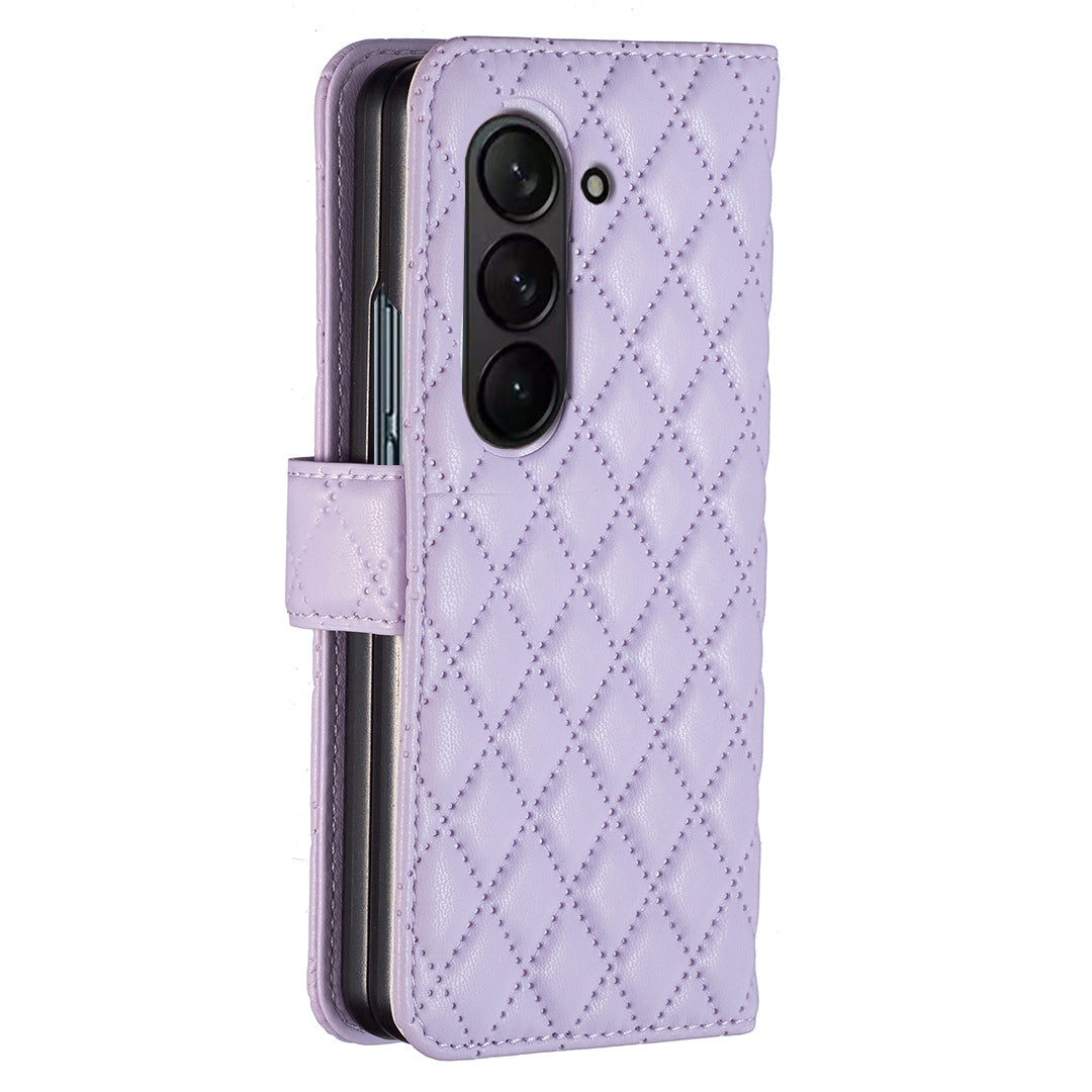 BINFEN COLOR For Samsung Galaxy Z Fold6 5G Case Rhombus Wallet PU Leather Phone Cover - Purple