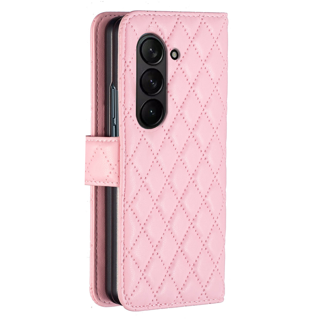 BINFEN COLOR For Samsung Galaxy Z Fold6 5G Case Rhombus Wallet PU Leather Phone Cover - Pink