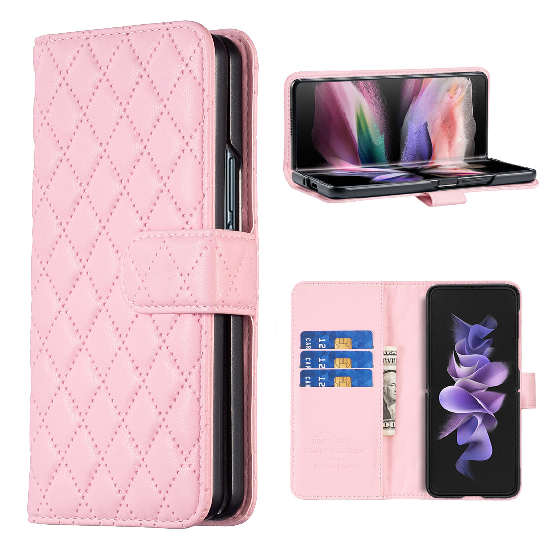 BINFEN COLOR For Samsung Galaxy Z Fold6 5G Case Rhombus Wallet PU Leather Phone Cover - Pink