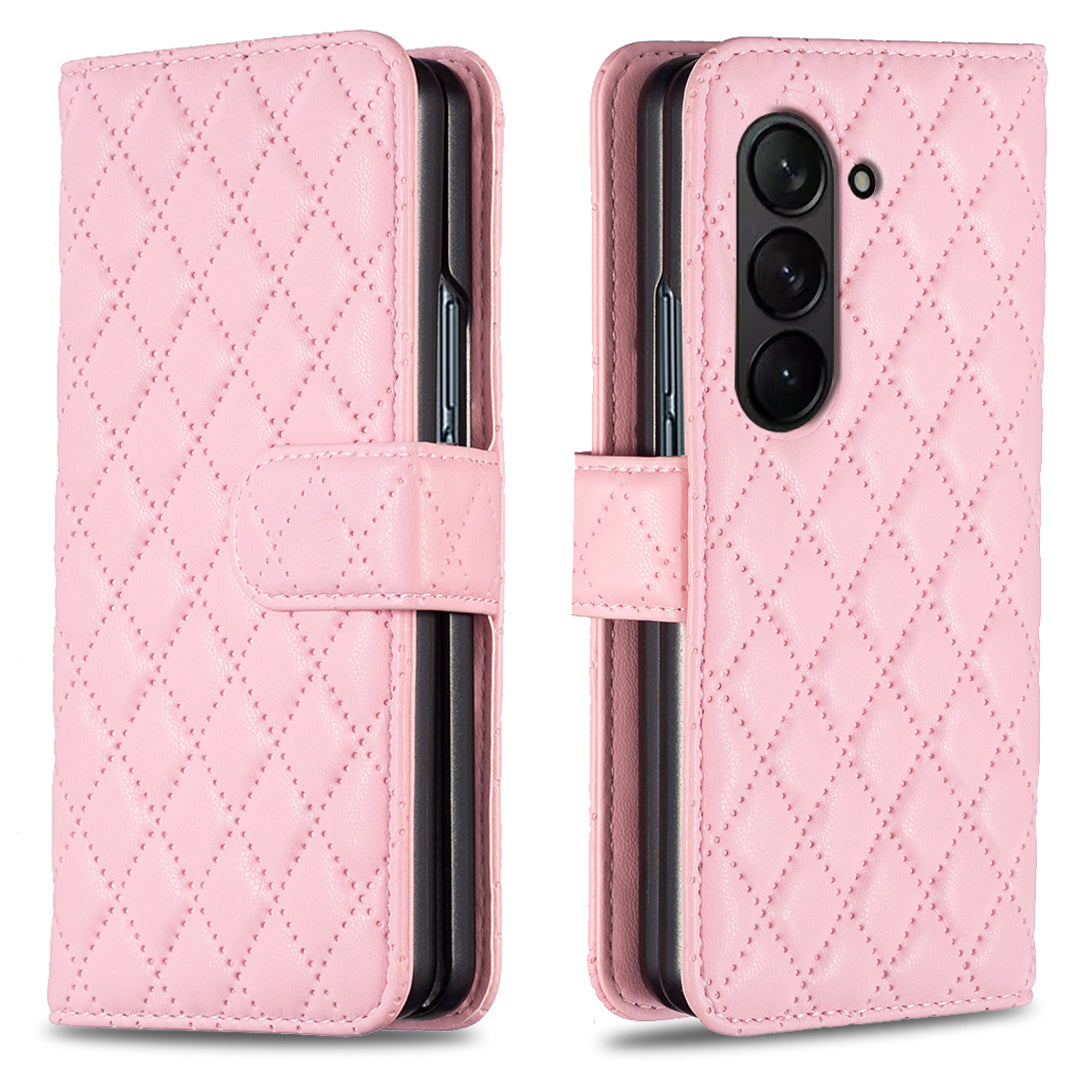 BINFEN COLOR For Samsung Galaxy Z Fold6 5G Case Rhombus Wallet PU Leather Phone Cover - Pink
