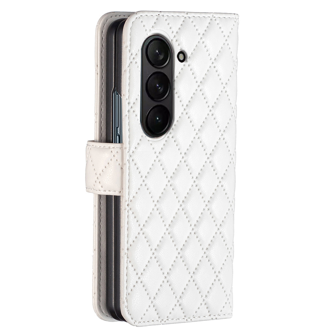 BINFEN COLOR For Samsung Galaxy Z Fold6 5G Case Rhombus Wallet PU Leather Phone Cover - White