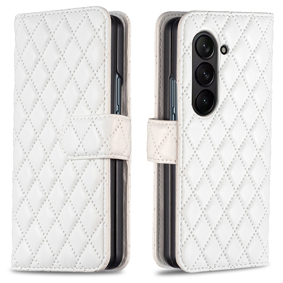 BINFEN COLOR For Samsung Galaxy Z Fold6 5G Case Rhombus Wallet PU Leather Phone Cover - White