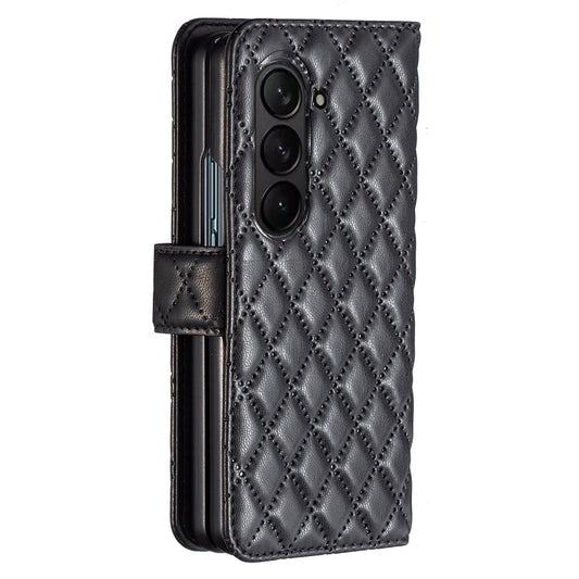 BINFEN COLOR For Samsung Galaxy Z Fold6 5G Case Rhombus Wallet PU Leather Phone Cover - Black