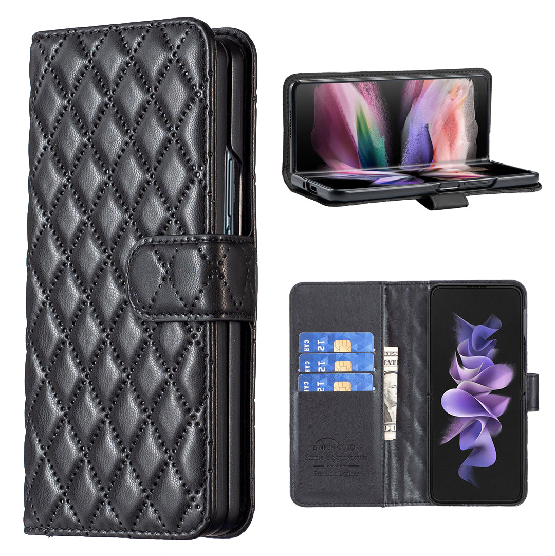 BINFEN COLOR For Samsung Galaxy Z Fold6 5G Case Rhombus Wallet PU Leather Phone Cover - Black