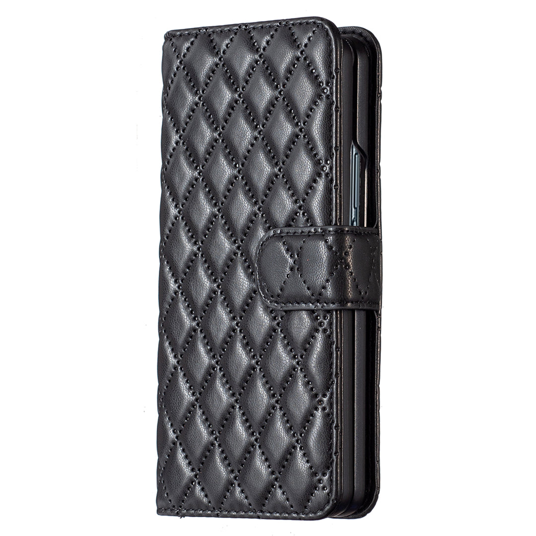 BINFEN COLOR For Samsung Galaxy Z Fold6 5G Case Rhombus Wallet PU Leather Phone Cover - Black
