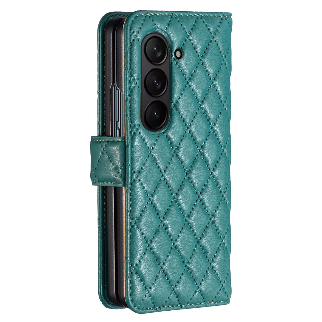 BINFEN COLOR For Samsung Galaxy Z Fold6 5G Case Rhombus Wallet PU Leather Phone Cover - Green