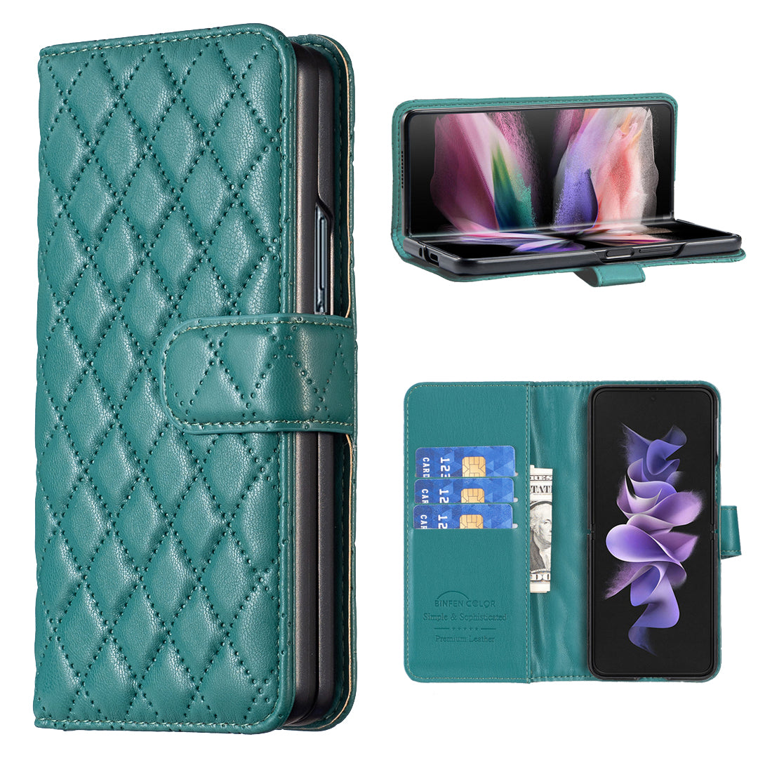 BINFEN COLOR For Samsung Galaxy Z Fold6 5G Case Rhombus Wallet PU Leather Phone Cover - Green