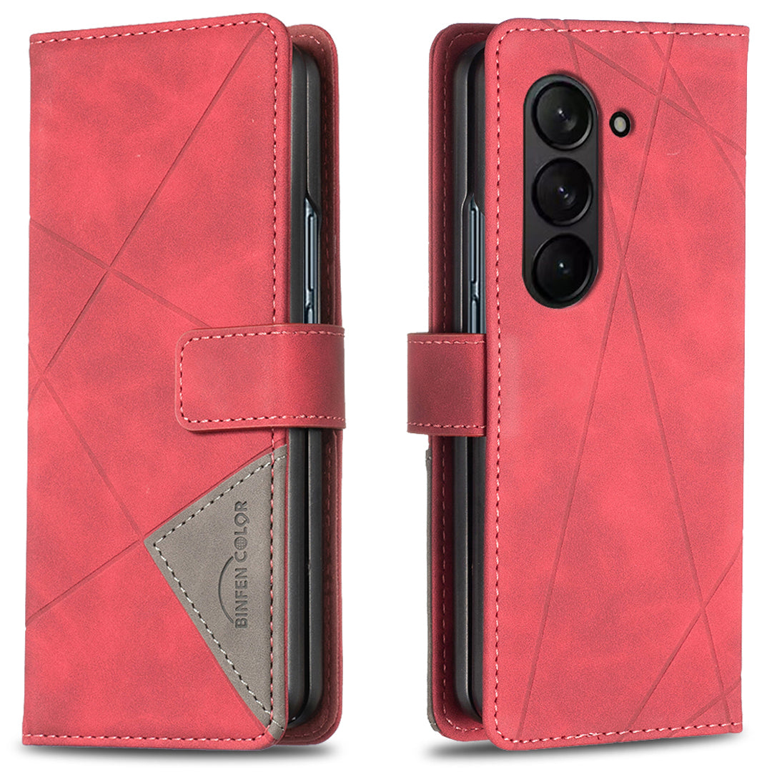 BINFEN COLOR BF05 For Samsung Galaxy Z Fold6 5G Case PU Leather Geometric Phone Cover - Red