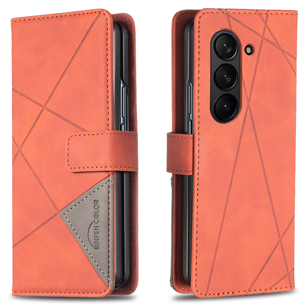 BINFEN COLOR BF05 For Samsung Galaxy Z Fold6 5G Case PU Leather Geometric Phone Cover - Brown