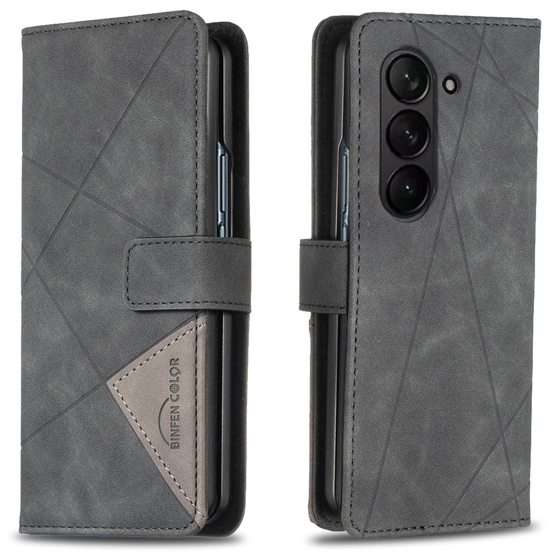 BINFEN COLOR BF05 For Samsung Galaxy Z Fold6 5G Case PU Leather Geometric Phone Cover - Black
