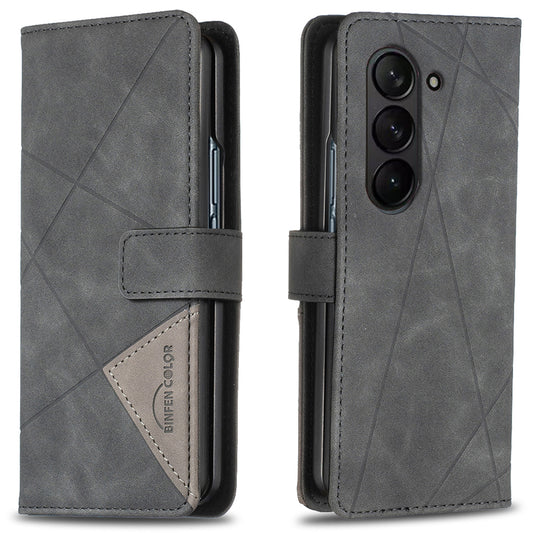 BINFEN COLOR BF05 For Samsung Galaxy Z Fold6 5G Case PU Leather Geometric Phone Cover - Black